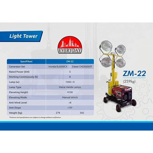 Lampu Sorot Light Tower 4000 Watt -  Everyday ZM22 ( 4 x 1000 Watt  ) 